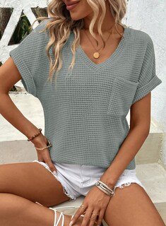 Foto 3 | Top Dokotoo Para Mujer, Tejido Gofrado, Cuello En V, Manga Corta, Casual - Venta Internacional.