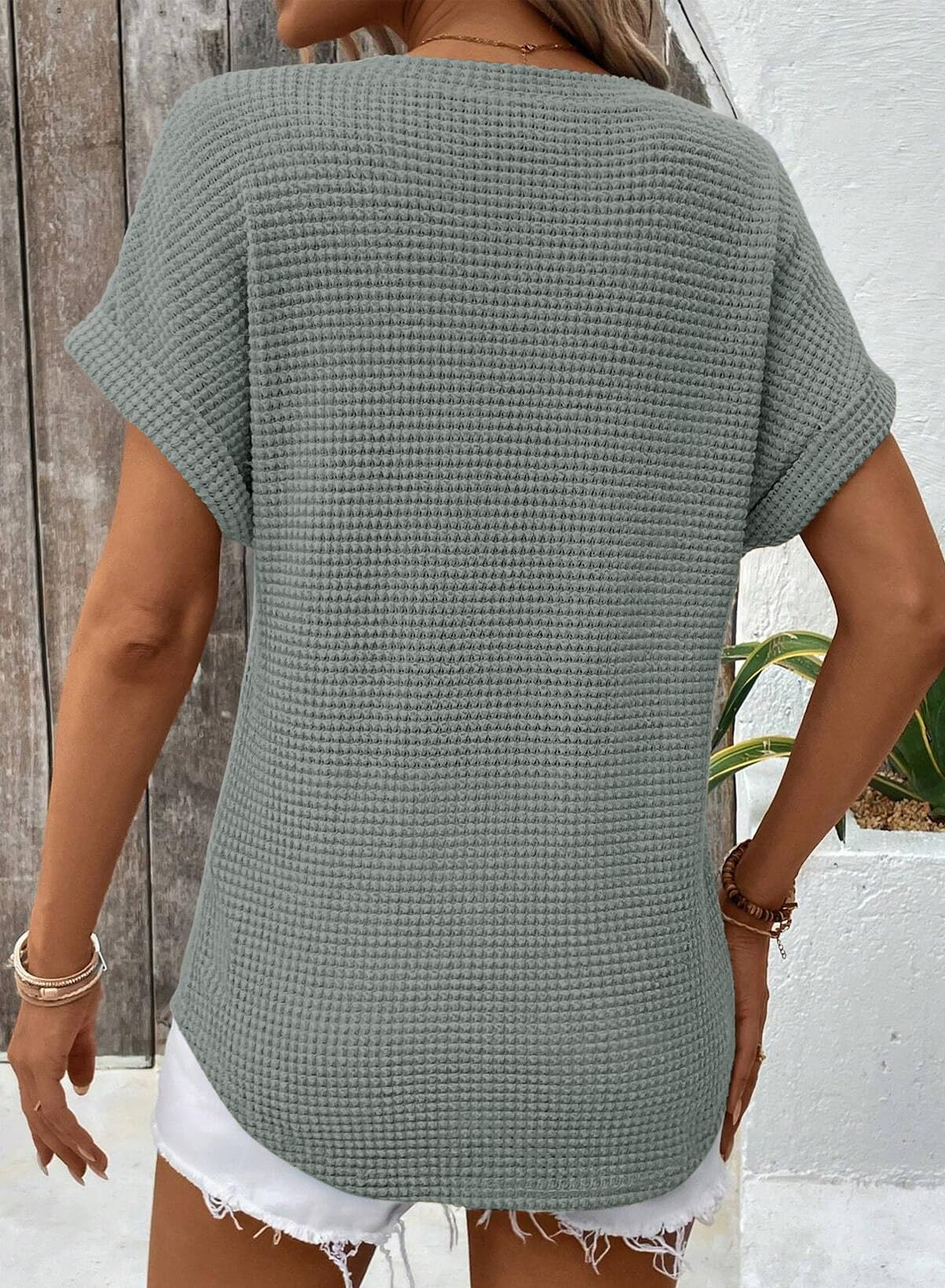 Foto 4 | Top Dokotoo Para Mujer, Tejido Gofrado, Cuello En V, Manga Corta, Casual - Venta Internacional.