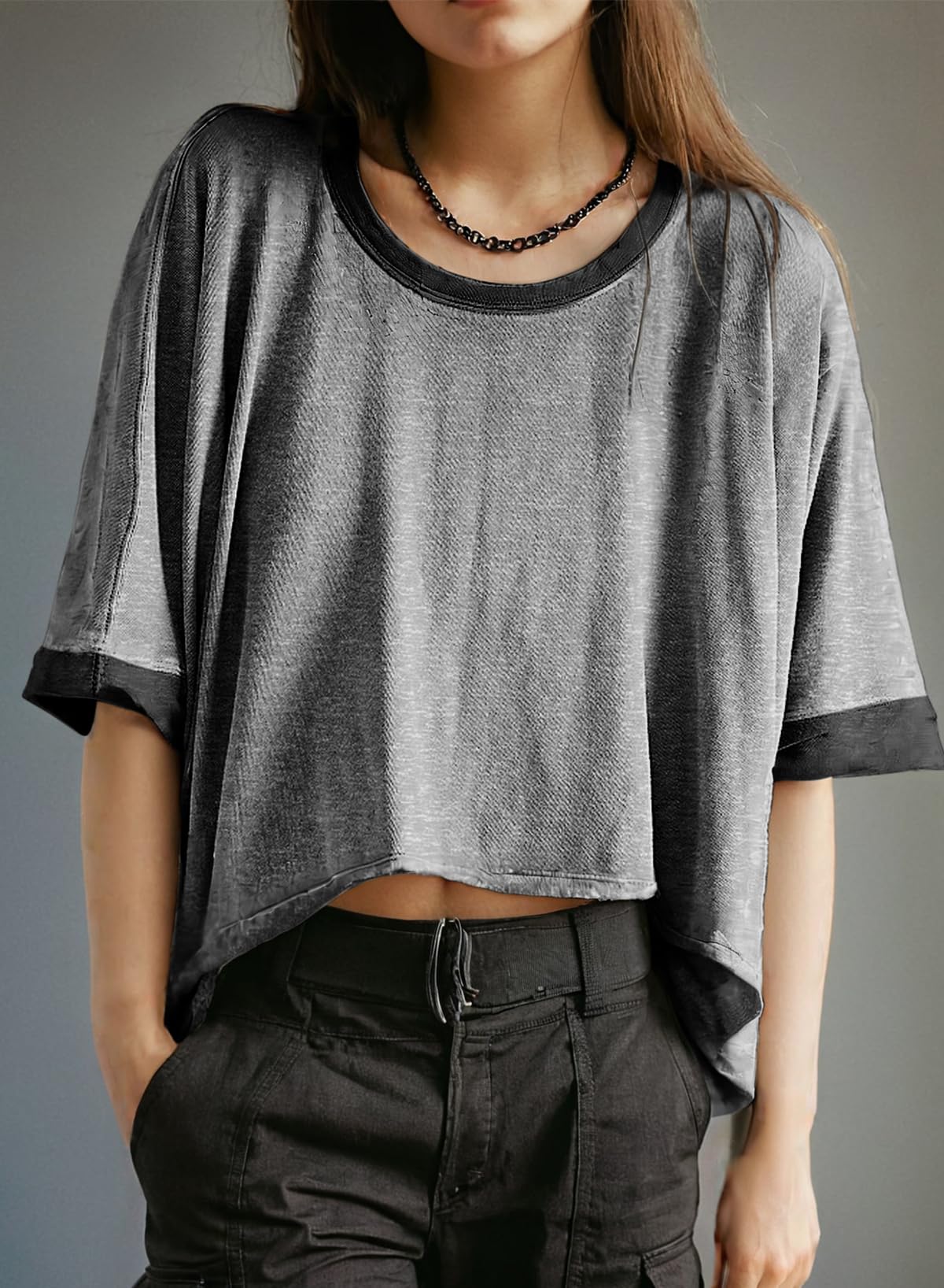 Foto 2 | Camiseta Dokotoo Summer Manga Corta Color Block Mujer Gris - Venta Internacional.