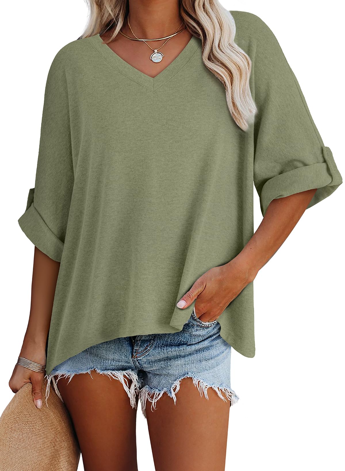 Foto 3 pulgar | Camiseta Dokotoo Para Mujer, Verano, Cuello En V, Manga Corta, Color Verde S - Venta Internacional.