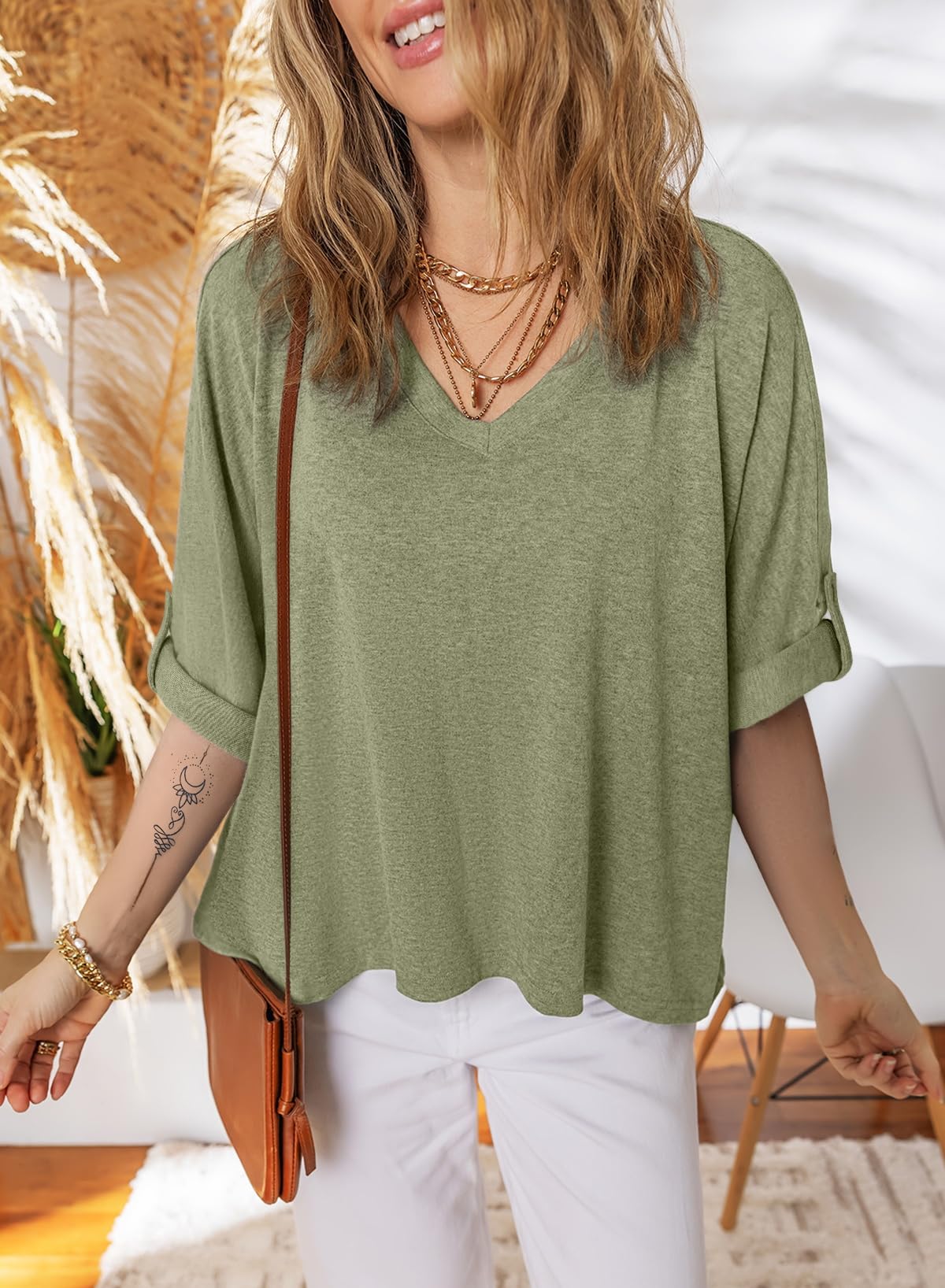 Foto 5 pulgar | Camiseta Dokotoo Para Mujer, Verano, Cuello En V, Manga Corta, Color Verde S - Venta Internacional.