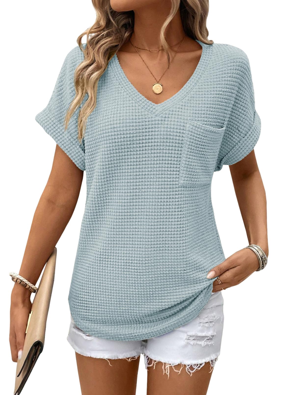 Foto 2 pulgar | Camisetas Dokotoo De Punto Gofrado Con Cuello En V Y Manga Corta Para Mujer - Venta Internacional.