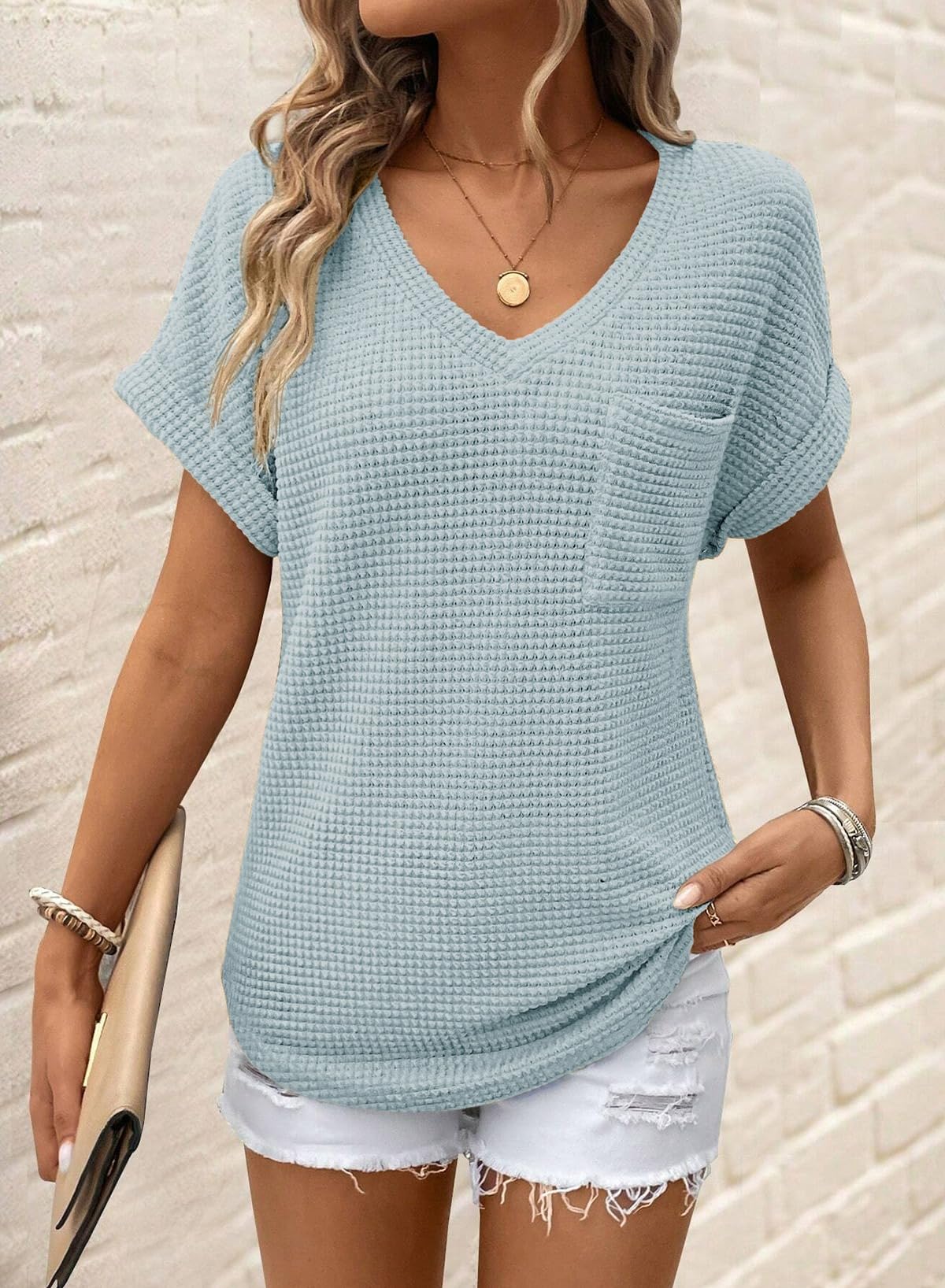 Foto 3 pulgar | Camisetas Dokotoo De Punto Gofrado Con Cuello En V Y Manga Corta Para Mujer - Venta Internacional.