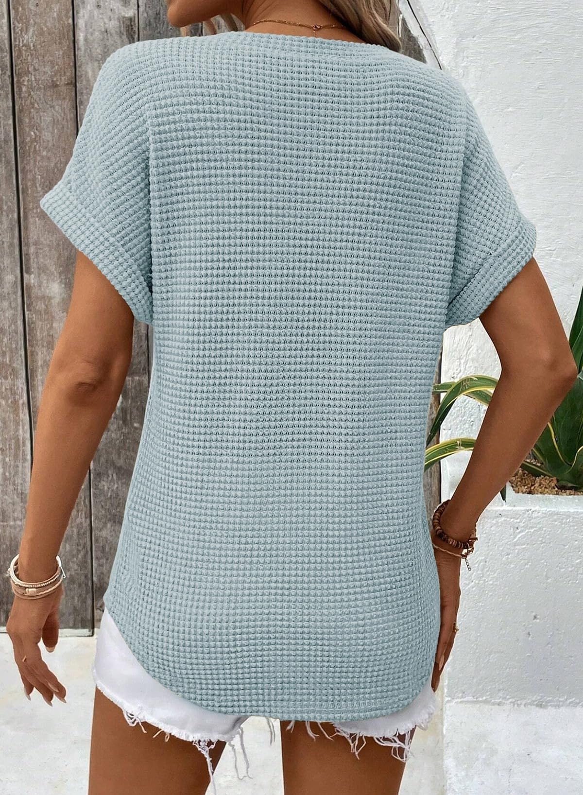 Foto 5 pulgar | Camisetas Dokotoo De Punto Gofrado Con Cuello En V Y Manga Corta Para Mujer - Venta Internacional.