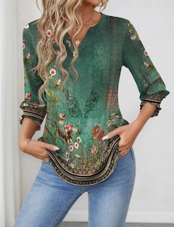 Foto 3 | Camiseta Lomon Blusa Casual Con Cuello En V Y Manga 3/4 Para Mujer - Venta Internacional.