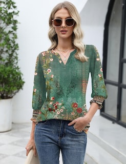 Foto 5 | Camiseta Lomon Blusa Casual Con Cuello En V Y Manga 3/4 Para Mujer - Venta Internacional.