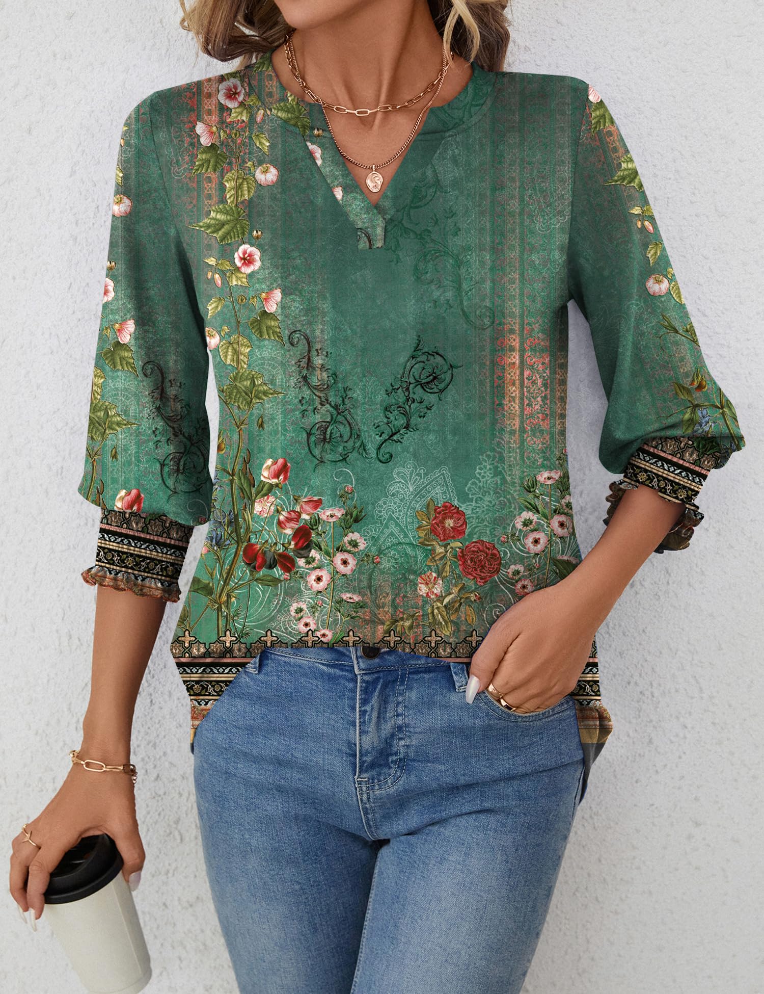 Foto 7 pulgar | Camiseta Lomon Blusa Casual Con Cuello En V Y Manga 3/4 Para Mujer - Venta Internacional.