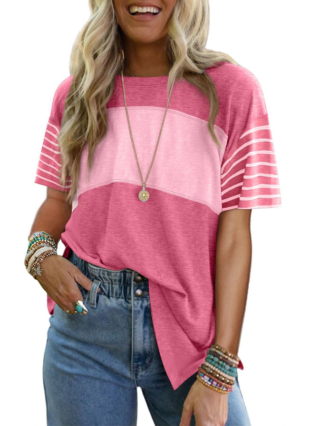 Camiseta Dokotoo Para Mujer Con Bloques De Color Rosa Fresa, Talla Grande - Venta Internacional.