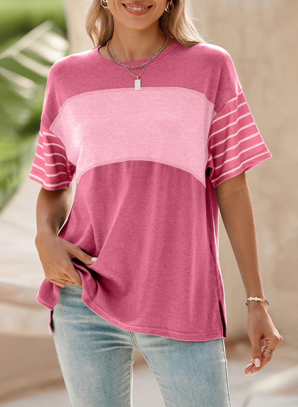 Foto 3 pulgar | Camiseta Dokotoo Para Mujer Con Bloques De Color Rosa Fresa, Talla Grande - Venta Internacional.
