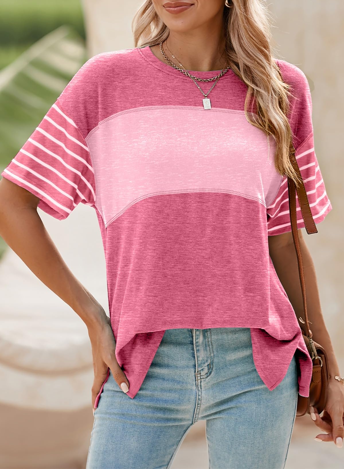 Foto 4 pulgar | Camiseta Dokotoo Para Mujer Con Bloques De Color Rosa Fresa, Talla Grande - Venta Internacional.