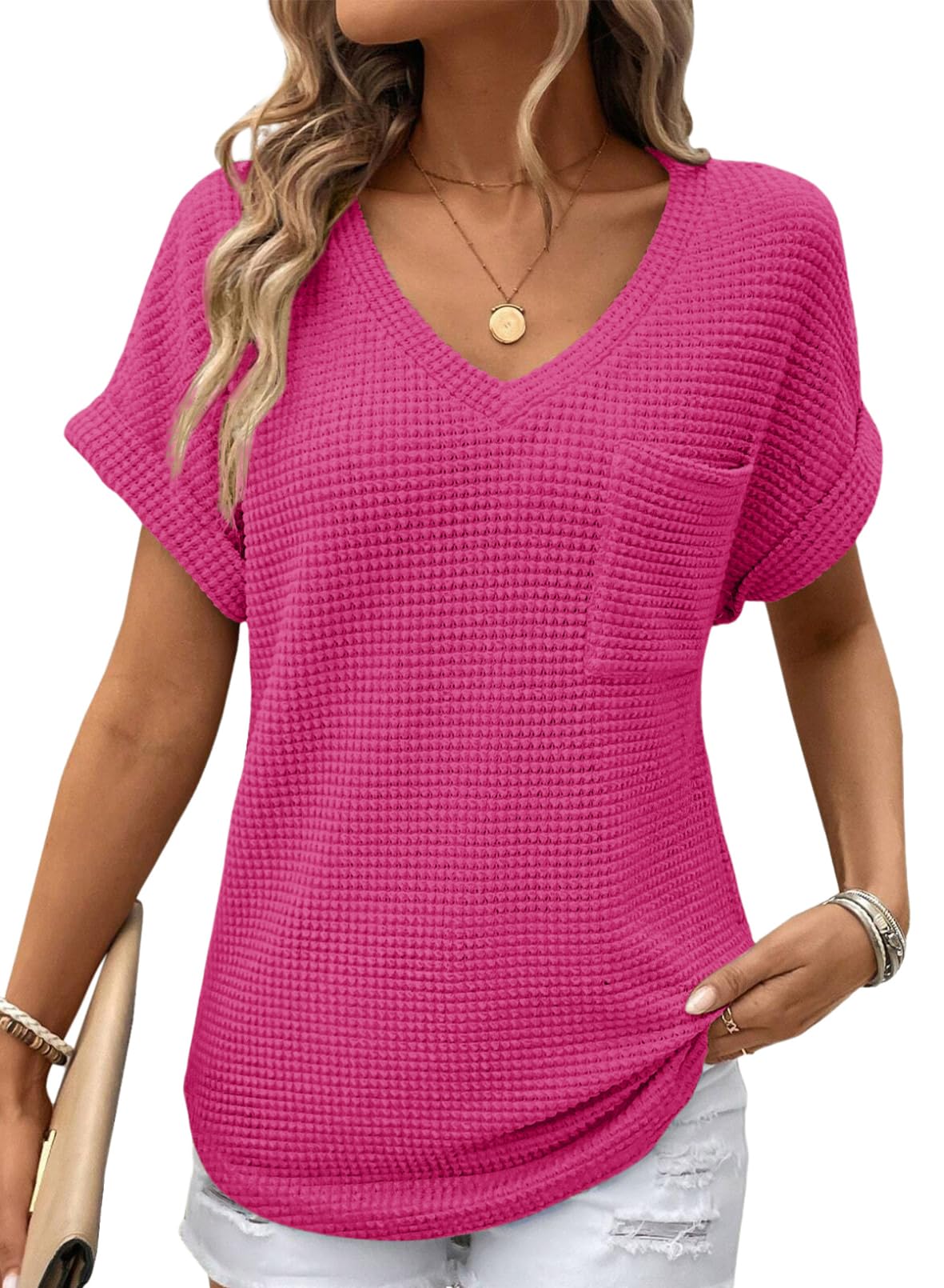 Camisetas De Punto Gofrado Con Cuello En V Y Cuello En V De Tops Dokotoo Spring Para Mujer - Venta Internacional.