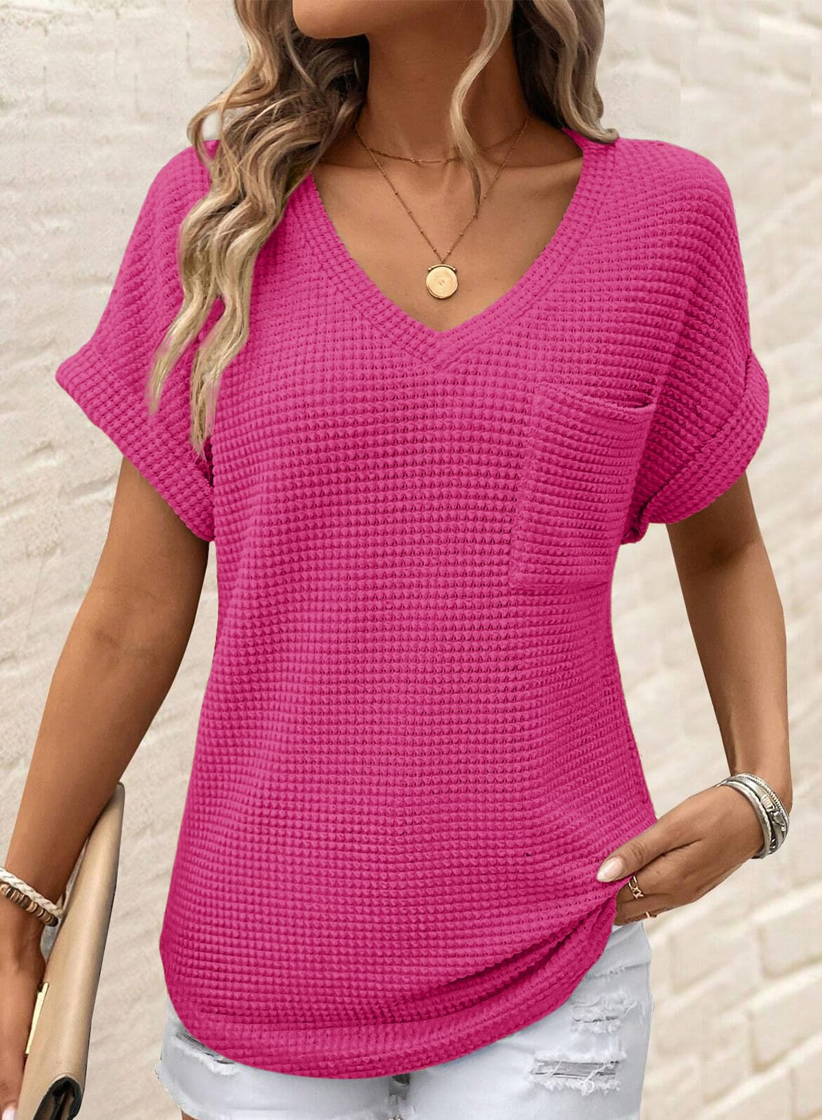 Foto 3 pulgar | Camisetas De Punto Gofrado Con Cuello En V Y Cuello En V De Tops Dokotoo Spring Para Mujer - Venta Internacional.