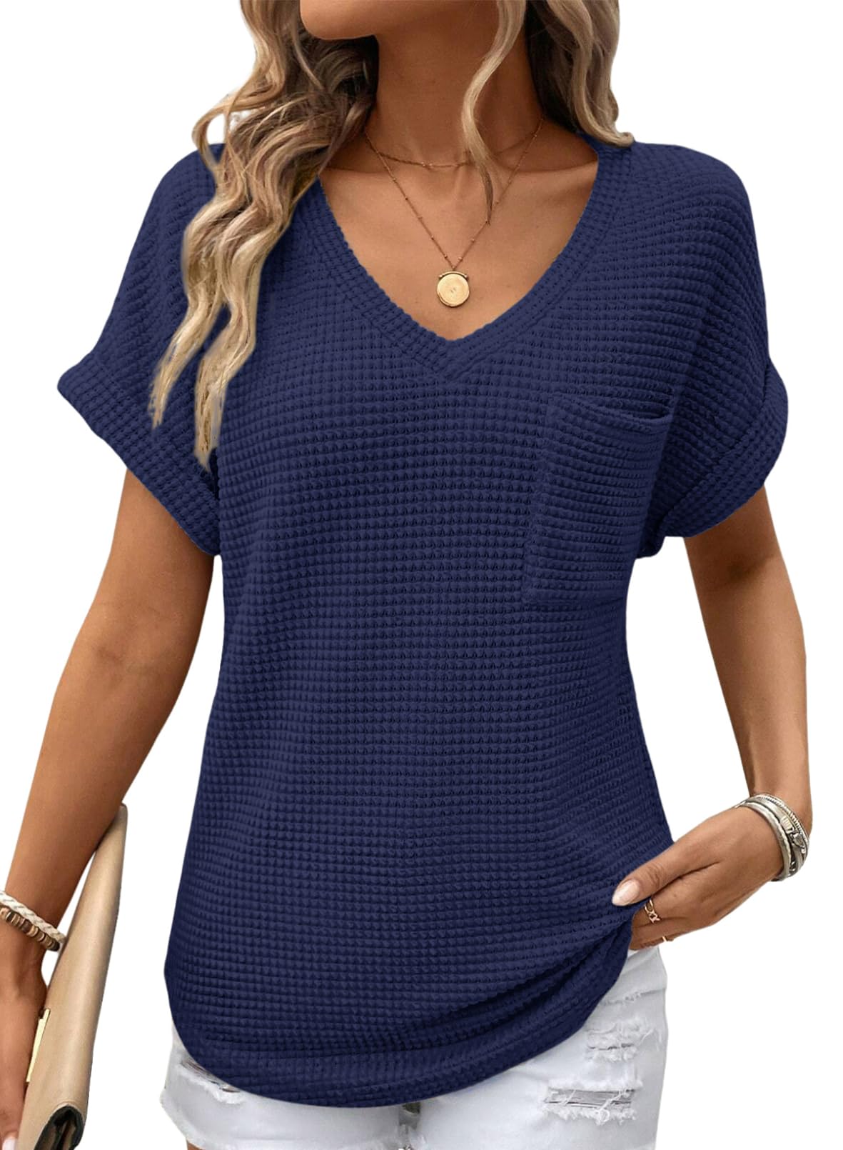 Foto 1 | Top Dokotoo, Bonito Punto Gofrado, Cuello En V, Manga Corta Para Mujer - Venta Internacional.