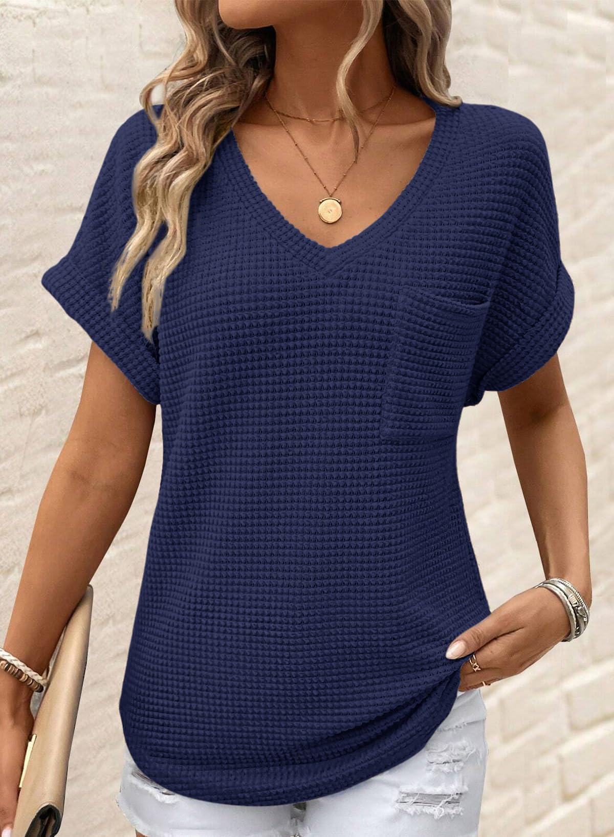 Foto 2 | Top Dokotoo, Bonito Punto Gofrado, Cuello En V, Manga Corta Para Mujer - Venta Internacional.