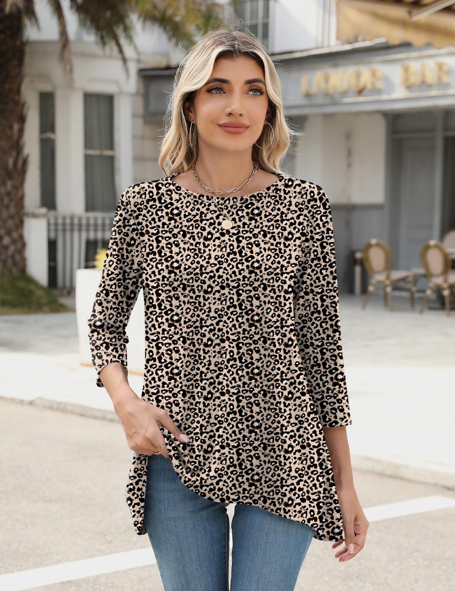 Foto 3 pulgar | Camiseta Tipo Túnica Lomon Para Mujer, Manga 3/4, Con Estampado De Leopardo, Para Leggings - Venta Internacional.