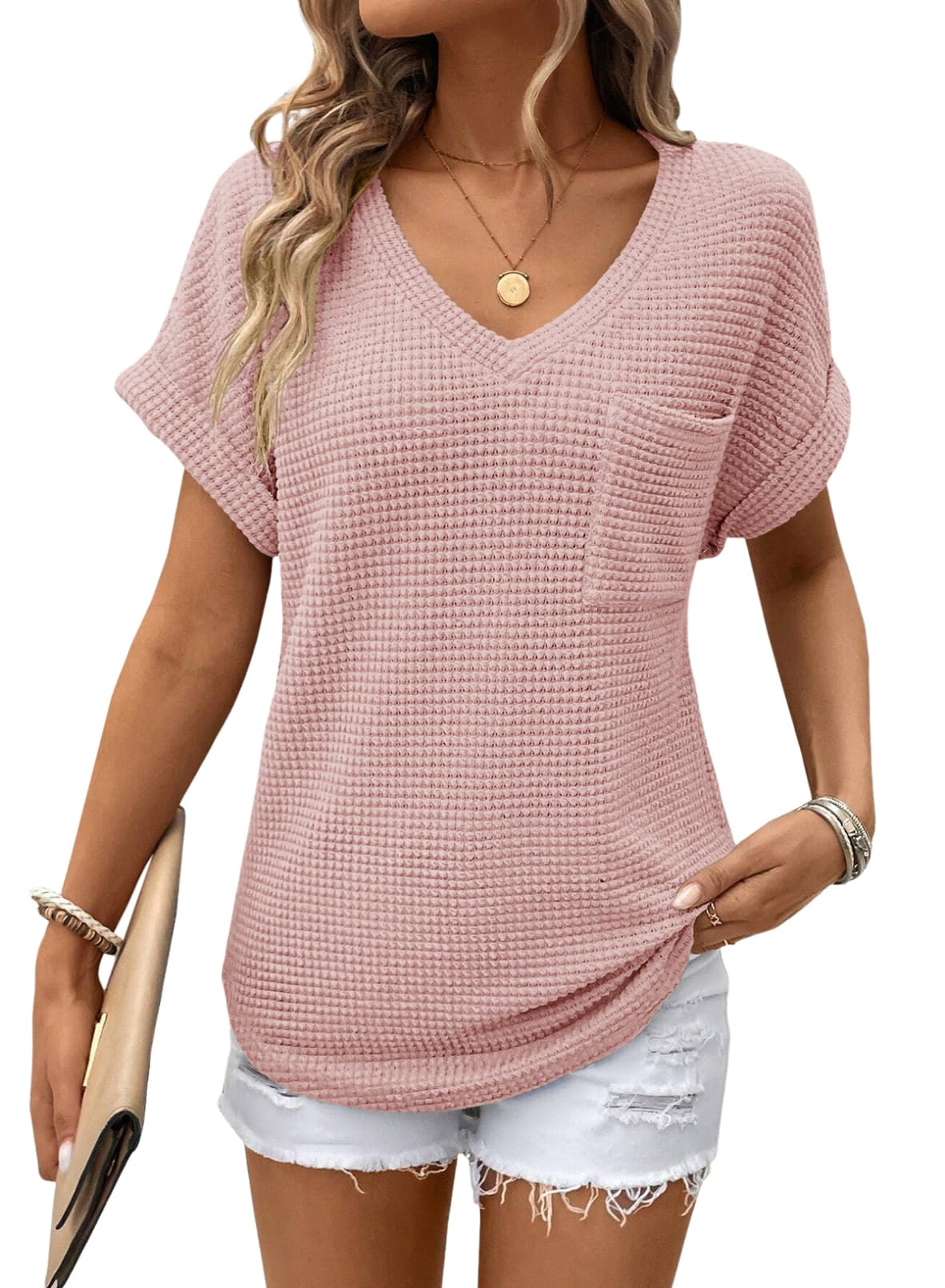 Foto 1 | Top Dokotoo, Bonito Punto Gofrado De Verano, Cuello En V, Manga Corta, Para Mujer - Venta Internacional.