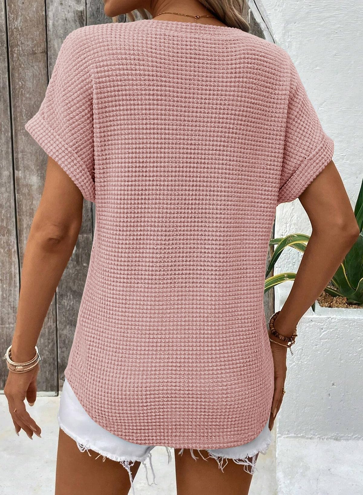 Foto 5 pulgar | Top Dokotoo, Bonito Punto Gofrado De Verano, Cuello En V, Manga Corta, Para Mujer - Venta Internacional.
