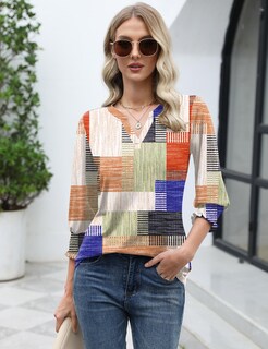 Foto 5 | Camiseta Lomon Blusa Casual Con Cuello En V Y Manga 3/4 Para Mujer - Venta Internacional.