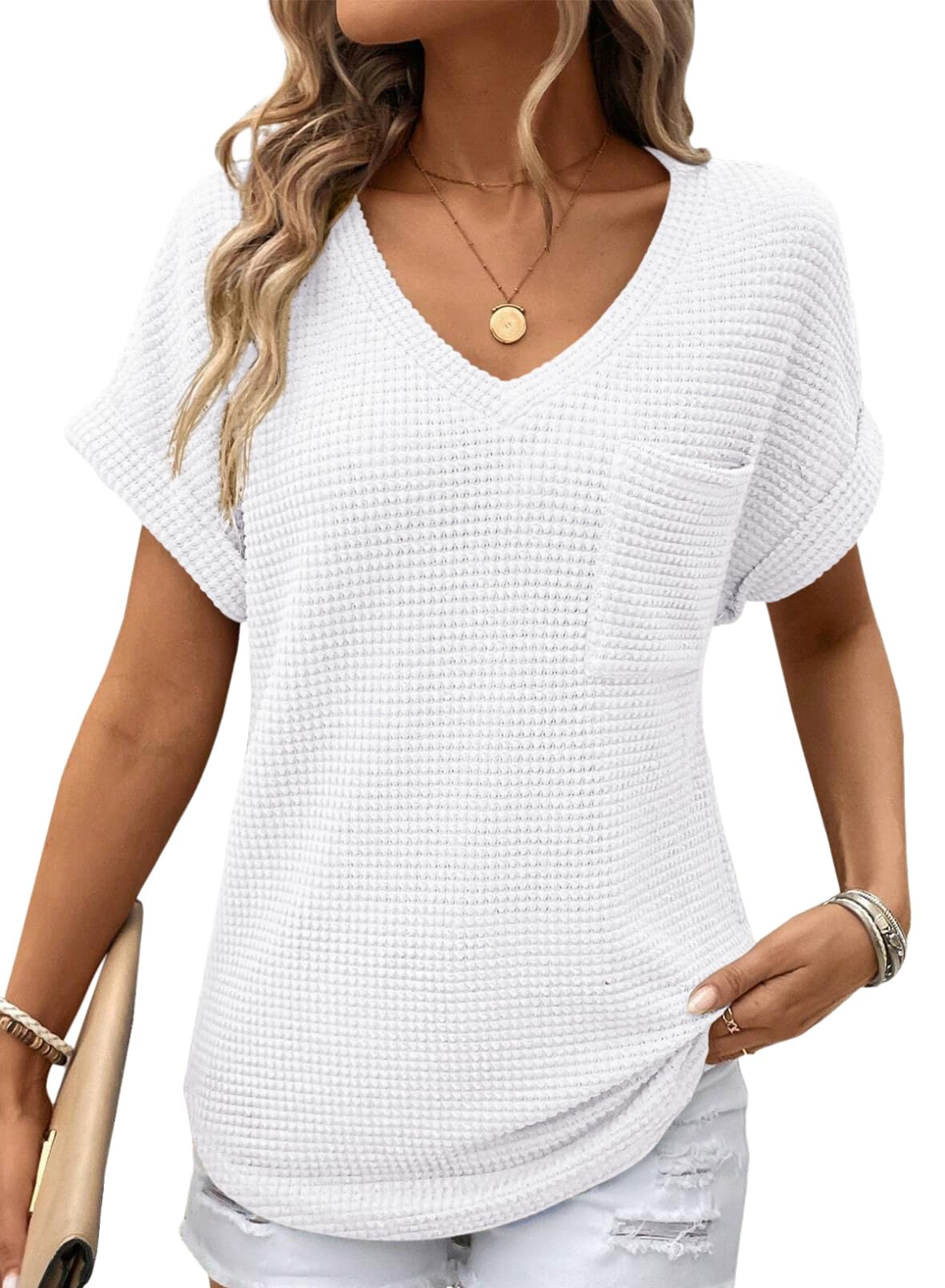 Foto 2 pulgar | Top Dokotoo Cute Summer Para Mujer Con Cuello En V Y Manga Corta, Color Blanco - Venta Internacional.