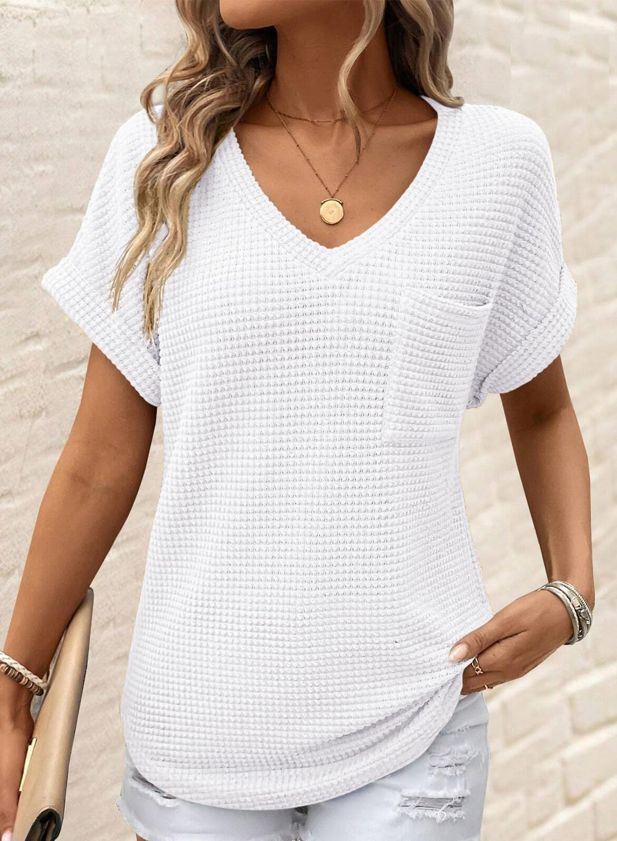 Foto 3 pulgar | Top Dokotoo Cute Summer Para Mujer Con Cuello En V Y Manga Corta, Color Blanco - Venta Internacional.