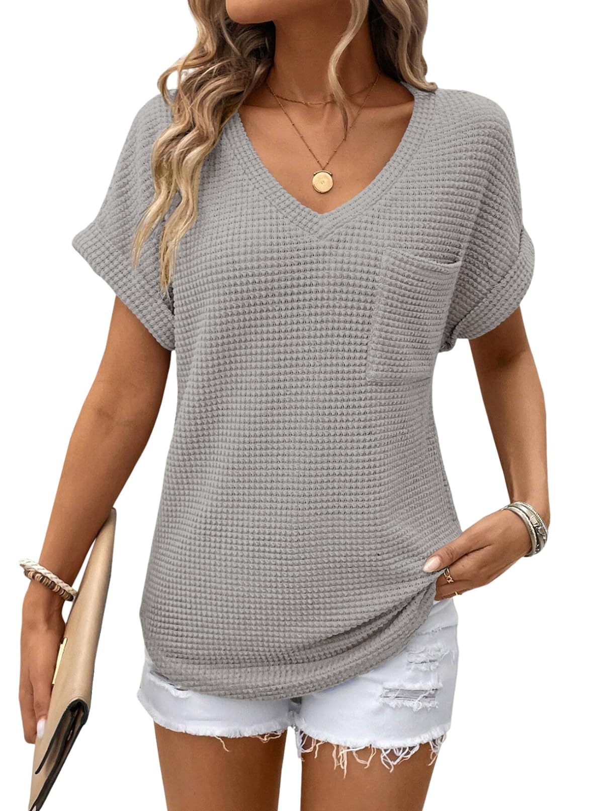 Foto 2 pulgar | Tops Dokotoo De Punto Gofrado Con Cuello En V Y Manga Corta Para Mujer, Color Gris - Venta Internacional.