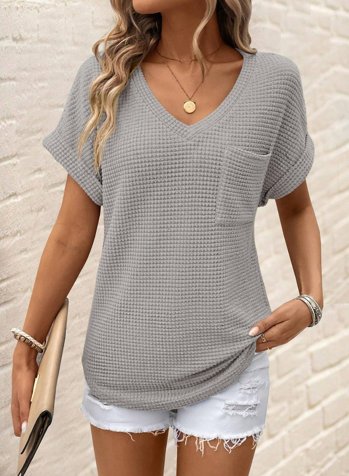 Foto 3 pulgar | Tops Dokotoo De Punto Gofrado Con Cuello En V Y Manga Corta Para Mujer, Color Gris - Venta Internacional.