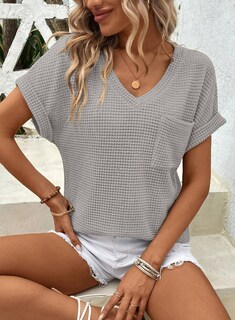 Foto 3 | Tops Dokotoo De Punto Gofrado Con Cuello En V Y Manga Corta Para Mujer, Color Gris - Venta Internacional.