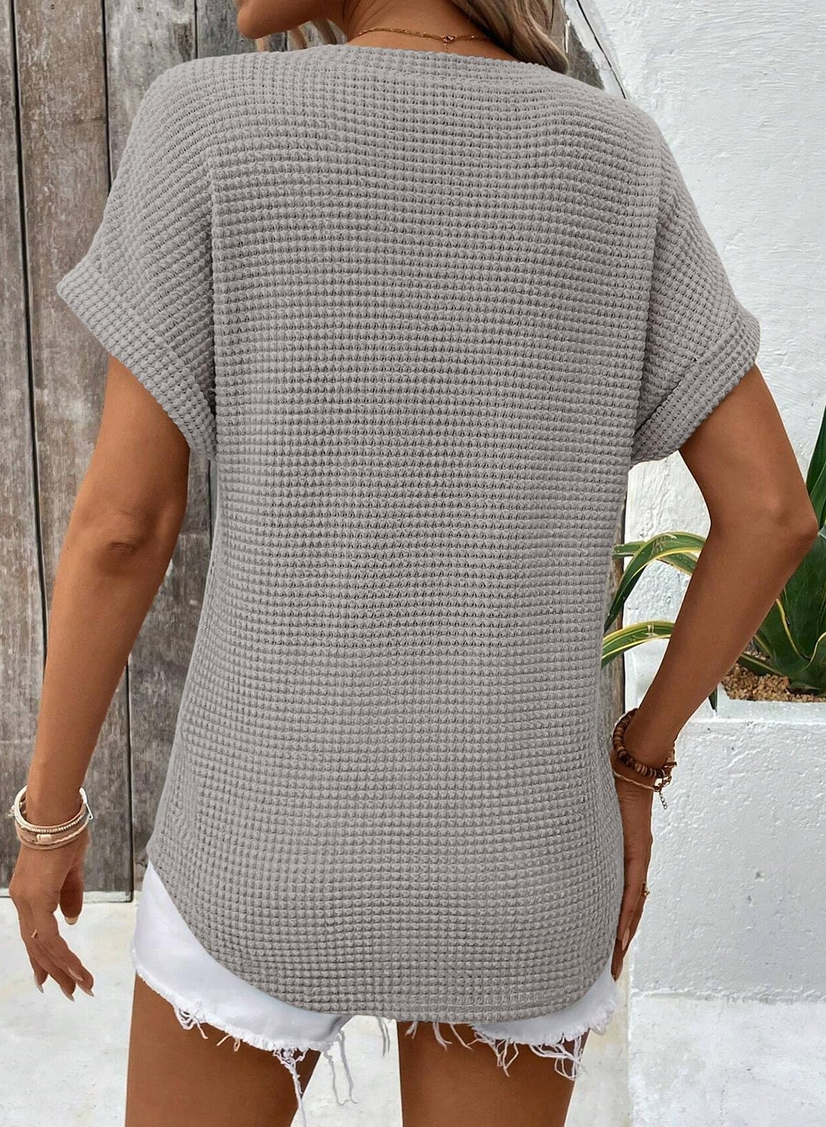 Foto 5 pulgar | Tops Dokotoo De Punto Gofrado Con Cuello En V Y Manga Corta Para Mujer, Color Gris - Venta Internacional.