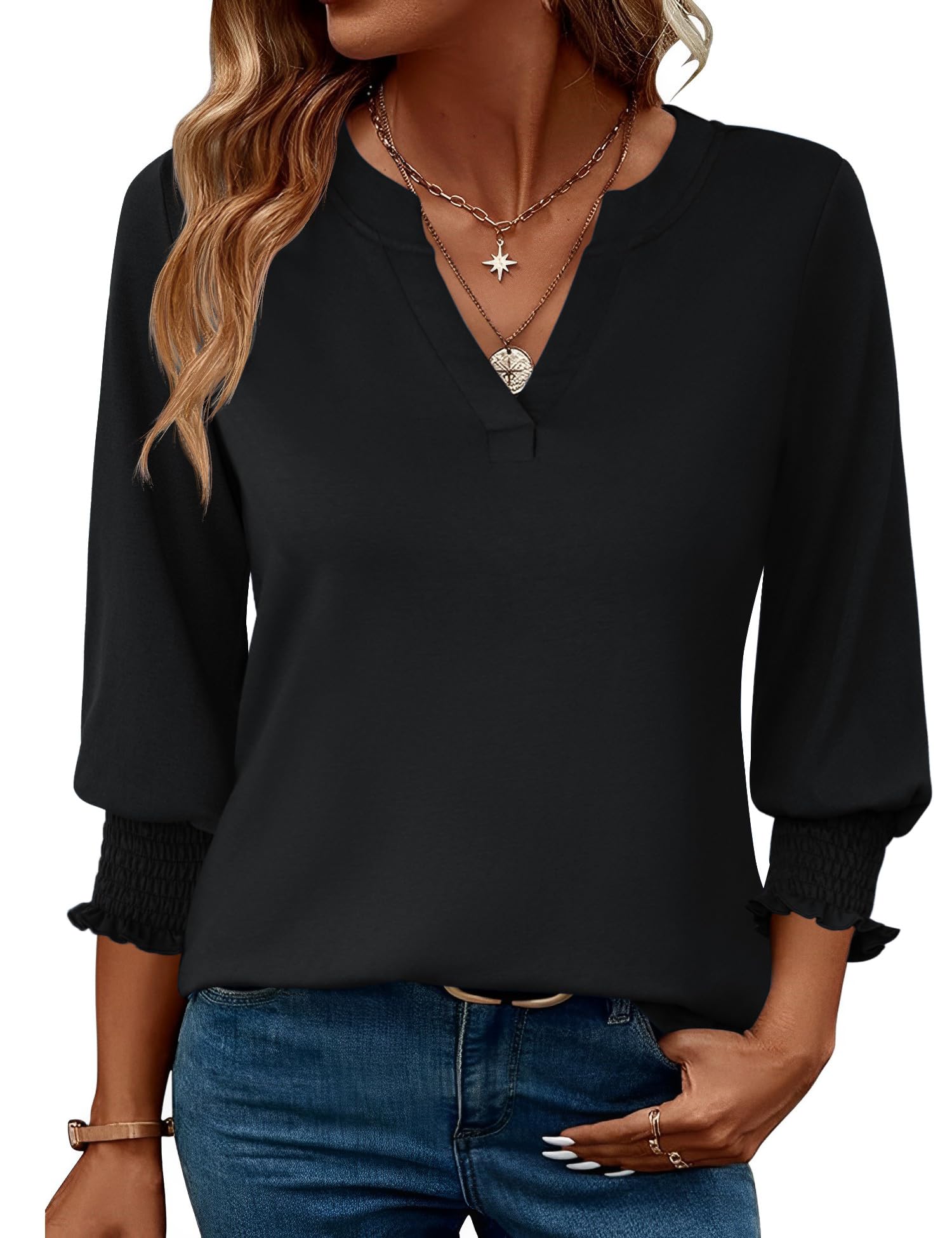 Foto 2 pulgar | Top Lomon Para Mujer, Manga 3/4, Cuello En V, Holgado, Negro - Venta Internacional.