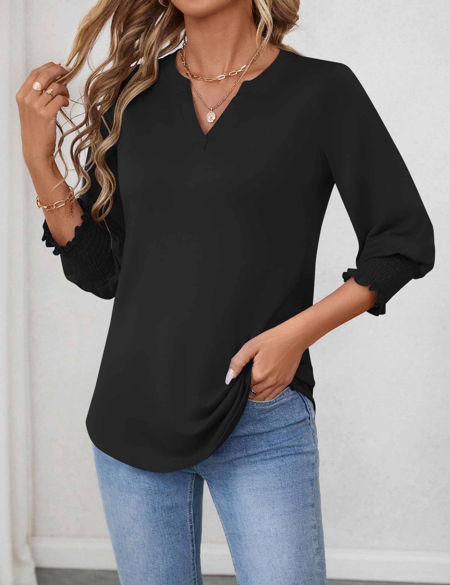 Foto 3 pulgar | Top Lomon Para Mujer, Manga 3/4, Cuello En V, Holgado, Negro - Venta Internacional.