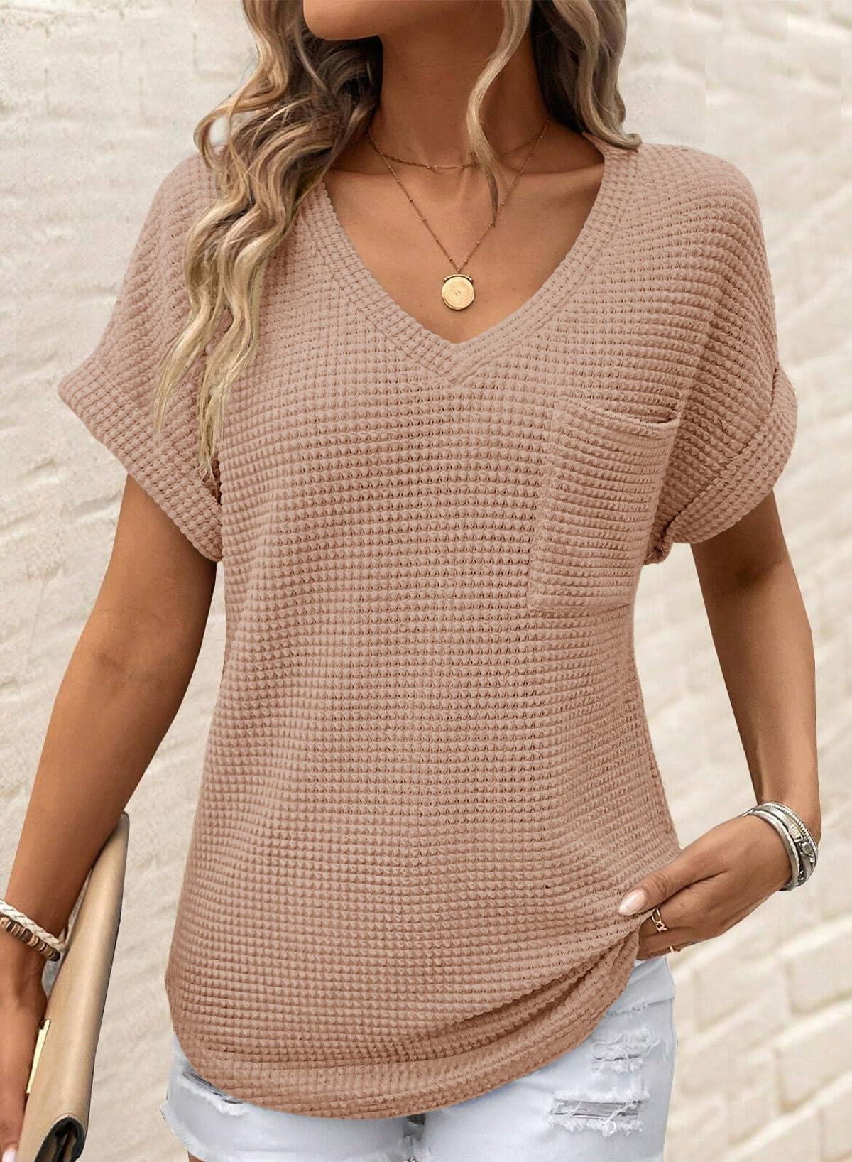 Foto 3 pulgar | Tops Dokotoo Para Mujer Con Cuello En V, Punto Gofrado, Moda, Verano 2025 - Venta Internacional.