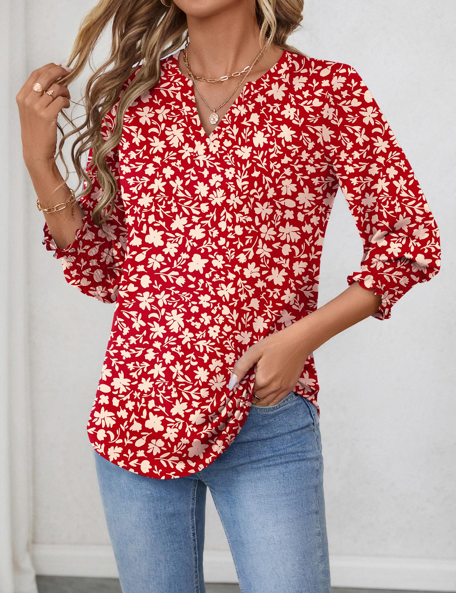 Foto 3 pulgar | Top Lomon Para Mujer, Casual, Manga 3/4, Cuello En V, Con Volantes - Venta Internacional.