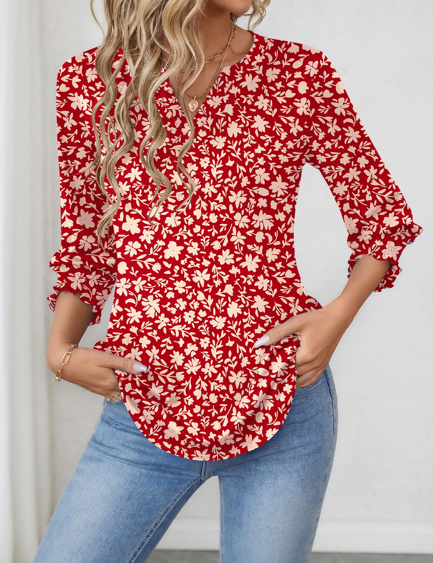 Foto 4 pulgar | Top Lomon Para Mujer, Casual, Manga 3/4, Cuello En V, Con Volantes - Venta Internacional.