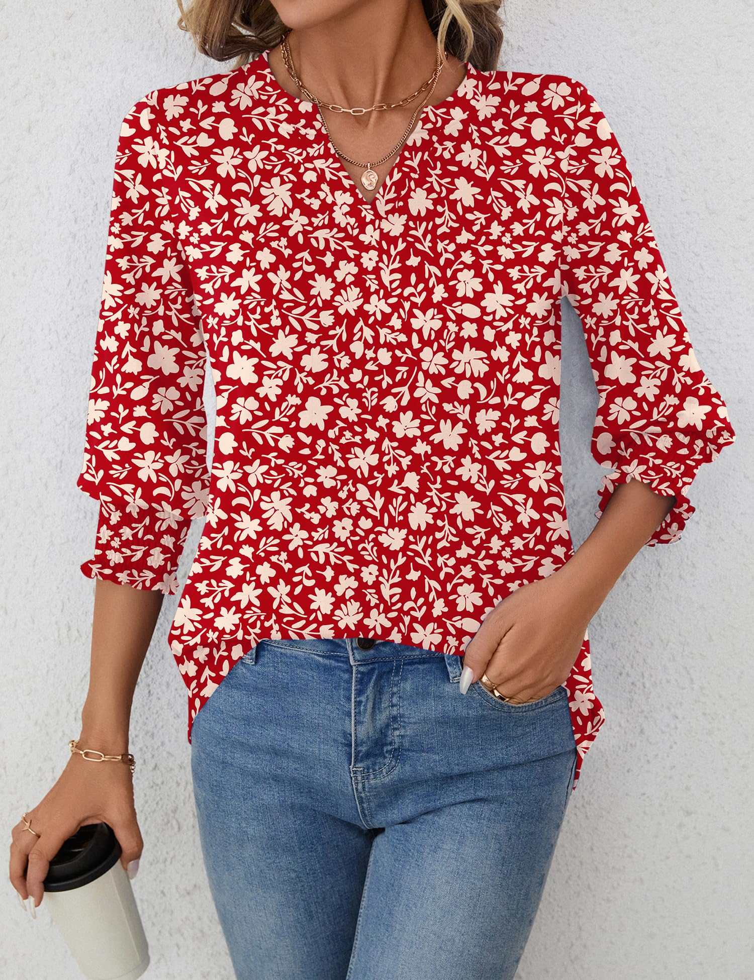 Foto 7 pulgar | Top Lomon Para Mujer, Casual, Manga 3/4, Cuello En V, Con Volantes - Venta Internacional.