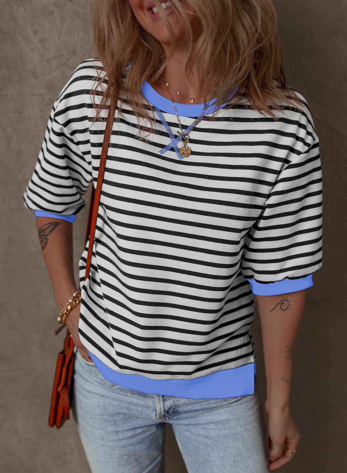 Foto 4 pulgar | Camisetas A Rayas Dokotoo Para Mujer, Mangas 3/4, Color Azul - Venta Internacional.