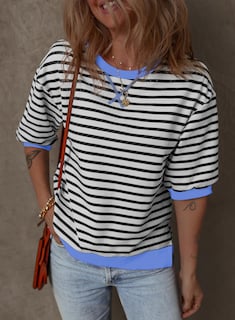 Foto 3 | Camisetas A Rayas Dokotoo Para Mujer, Mangas 3/4, Color Azul - Venta Internacional.