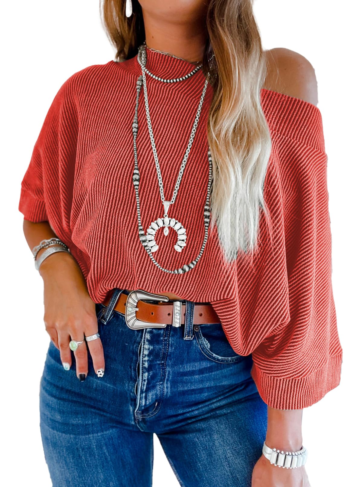 Camiseta Evaless Con Hombros Descubiertos Y Mangas 3/4 Para Mujer Tawny M - Venta Internacional.