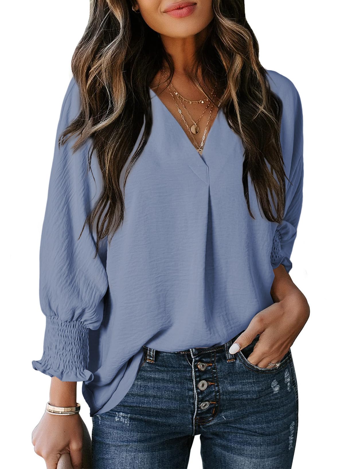 Blusa Dokotoo Para Mujer, Cuello En V, Manga 3/4, Azul, Poliéster, Xl - Venta Internacional.