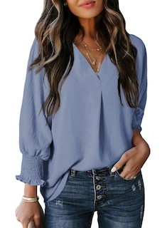 Foto 1 | Blusa Dokotoo Para Mujer, Cuello En V, Manga 3/4, Azul, Poliéster, Xl - Venta Internacional.