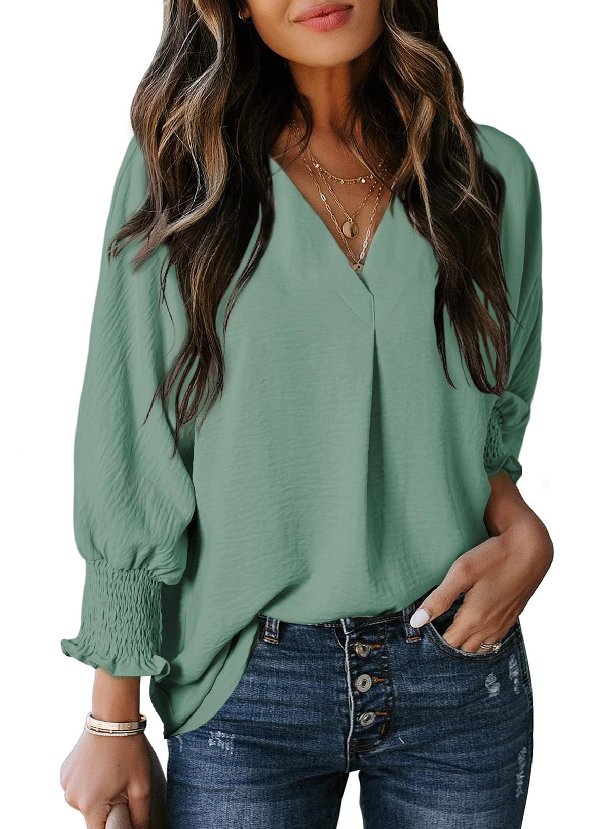 Blusa Dokotoo Para Mujer Con Cuello En V Y Manga 3/4, Color Verde Menta, Talla Xl - Venta Internacional.