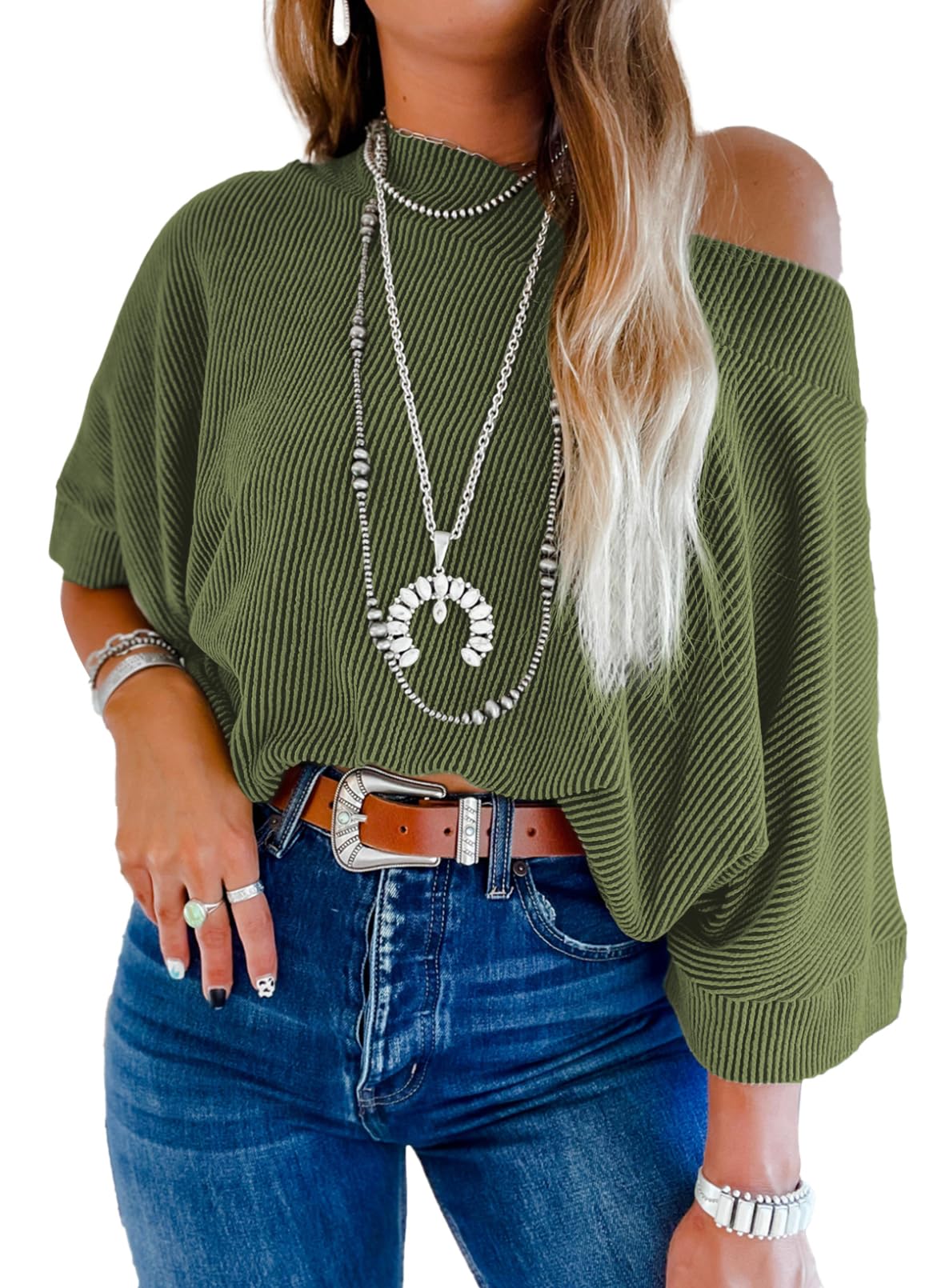 Camiseta Evaless De Manga 3/4 Con Cuello De Barco Y Cuello De Murciélago Con Un Solo Hombro, Verde - Venta Internacion