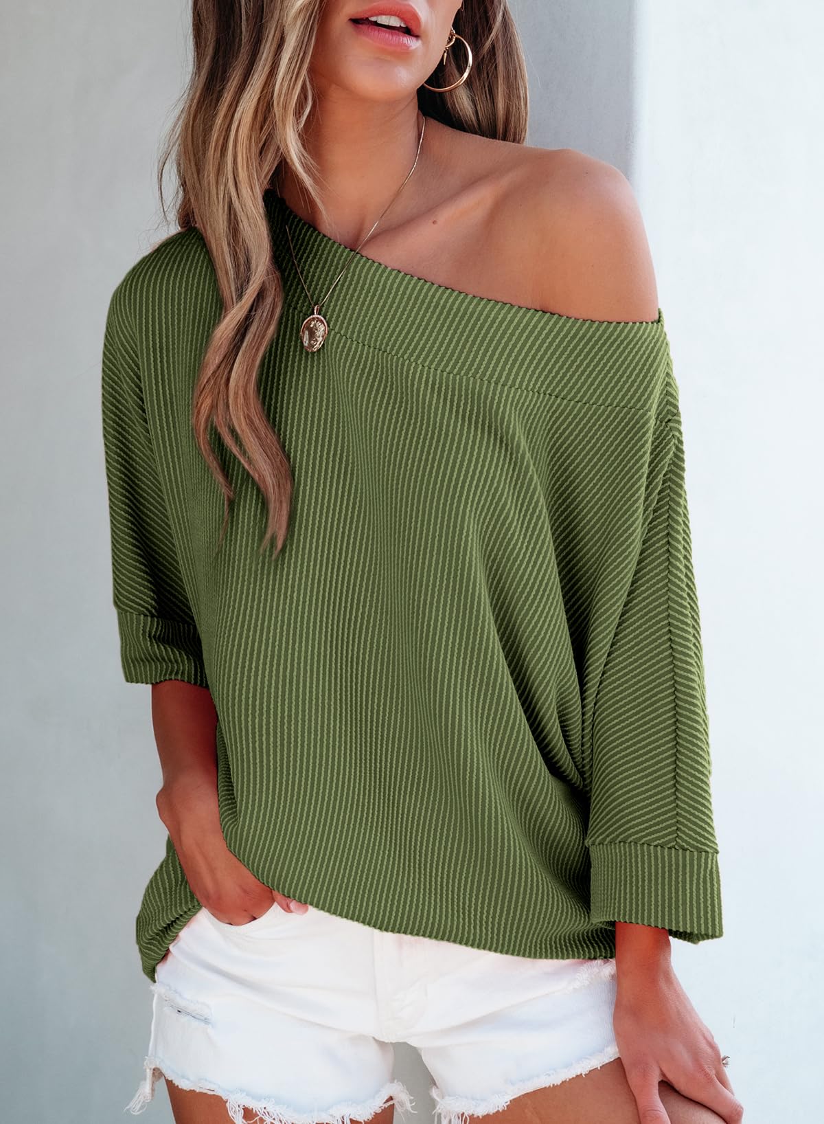 Foto 4 pulgar | Camiseta Evaless De Manga 3/4 Con Cuello De Barco Y Cuello De Murciélago Con Un Solo Hombro, Verde - Venta Internacion