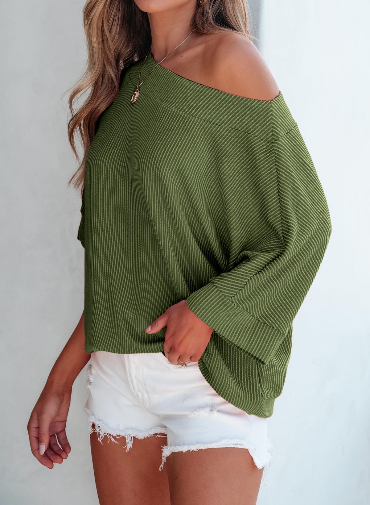 Foto 5 pulgar | Camiseta Evaless De Manga 3/4 Con Cuello De Barco Y Cuello De Murciélago Con Un Solo Hombro, Verde - Venta Internacion