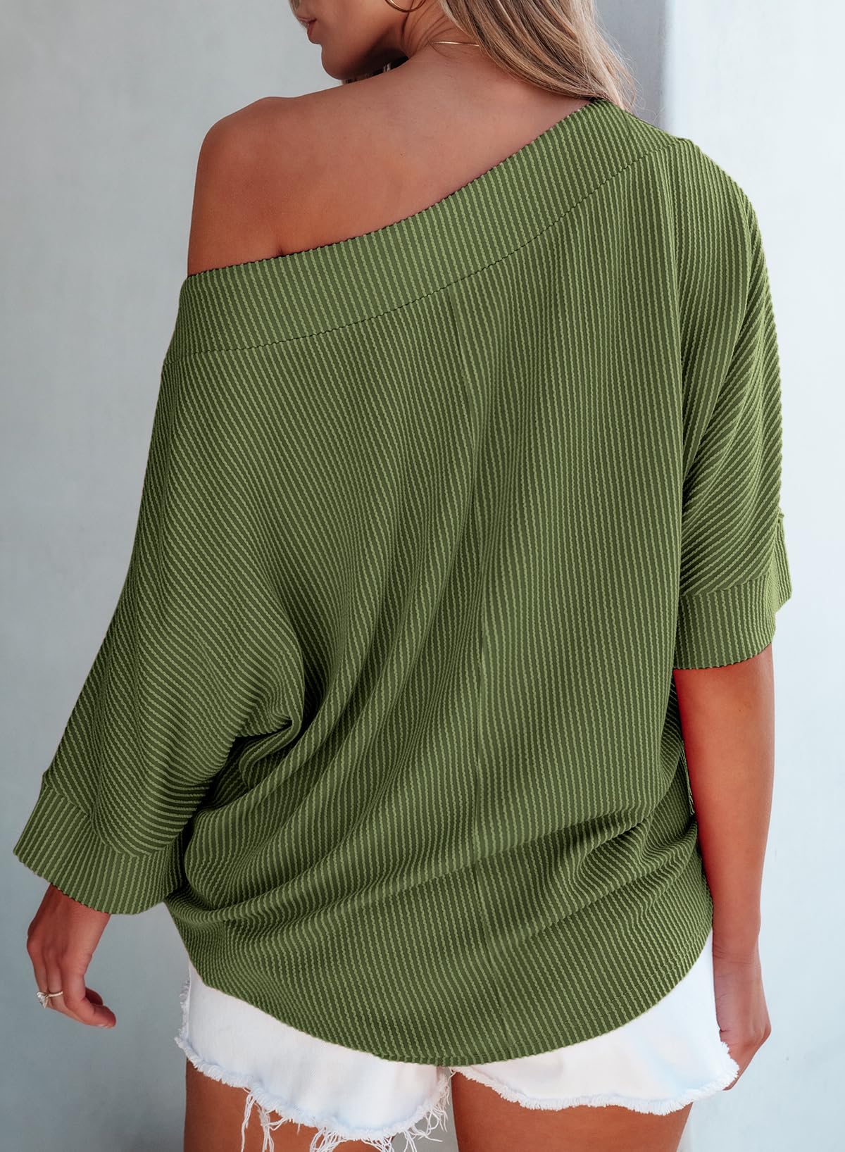 Foto 6 pulgar | Camiseta Evaless De Manga 3/4 Con Cuello De Barco Y Cuello De Murciélago Con Un Solo Hombro, Verde - Venta Internacion