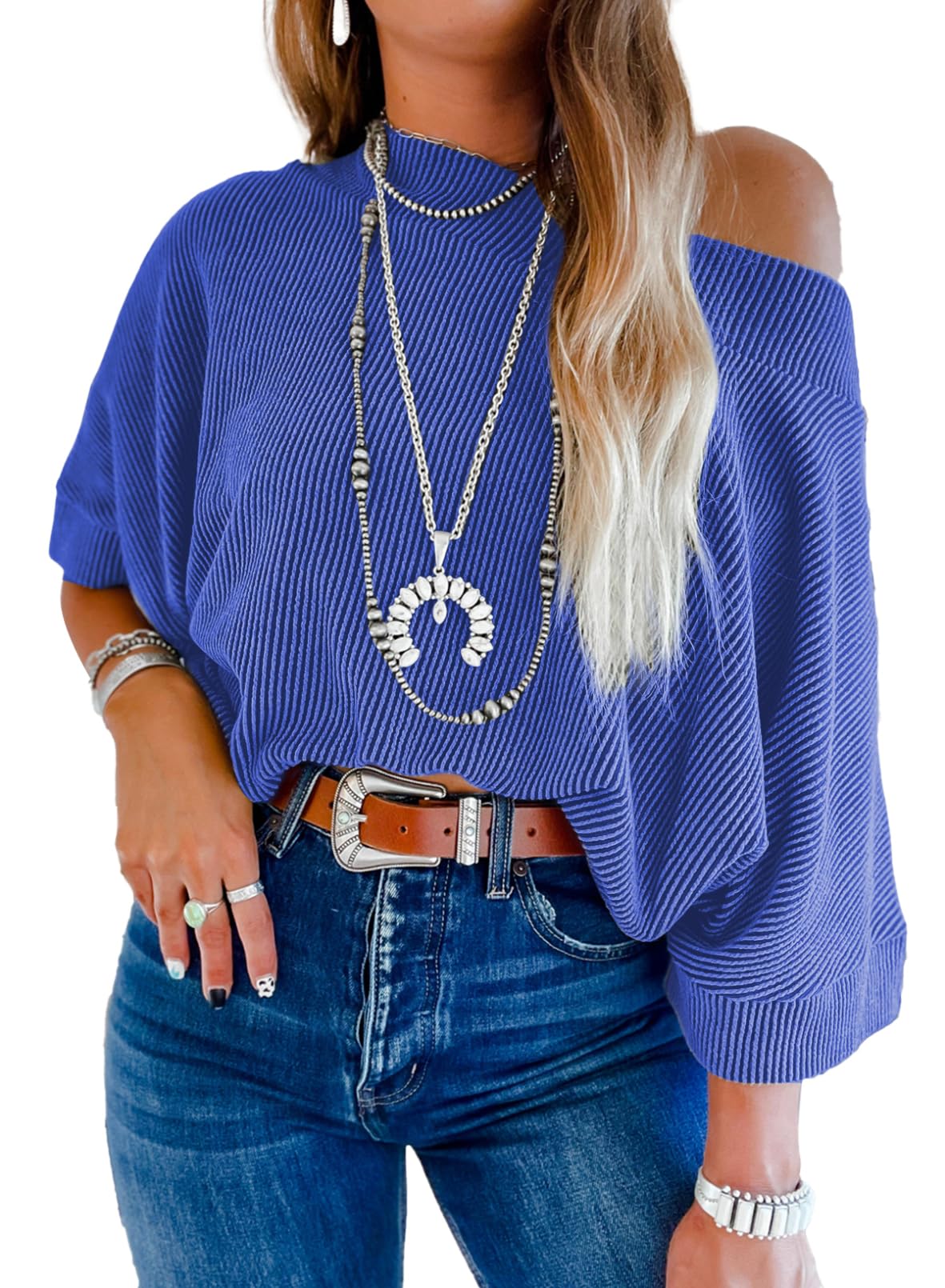 Top Evaless De Manga 3/4 Con Cuello Redondo Y Un Solo Hombro Para Mujer, Azul Oscuro - Venta Internacional.