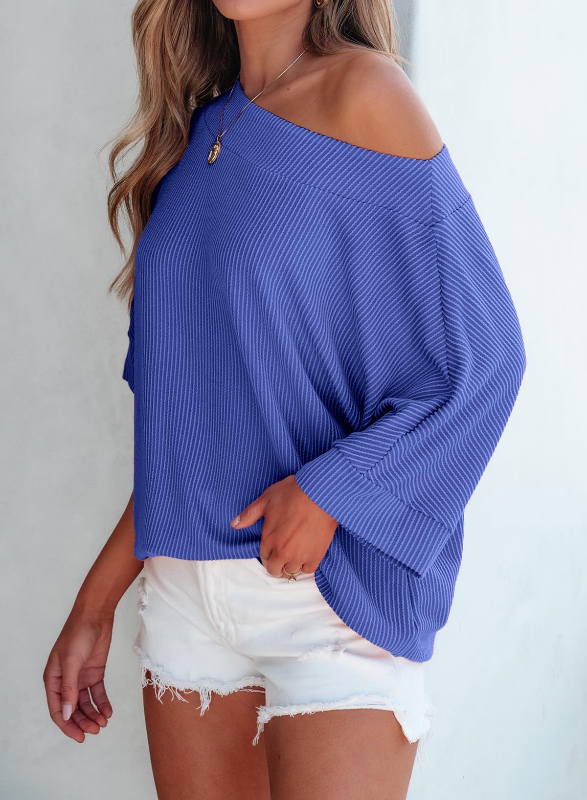 Foto 4 | Top Evaless De Manga 3/4 Con Cuello Redondo Y Un Solo Hombro Para Mujer, Azul Oscuro - Venta Internacional.