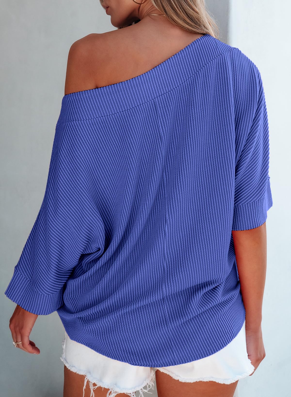 Foto 6 pulgar | Top Evaless De Manga 3/4 Con Cuello Redondo Y Un Solo Hombro Para Mujer, Azul Oscuro - Venta Internacional.