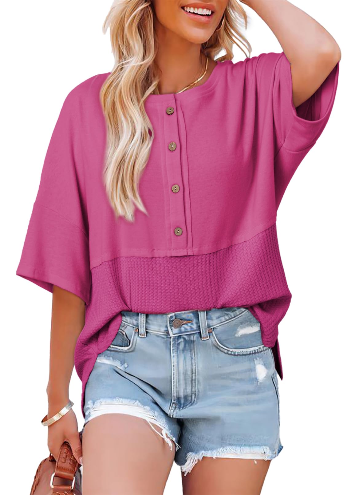 Foto 1 | Top Dokotoo De Punto Gofrado Para Mujer Con Manga Acampanada 3/4, Color Rosa Intenso - Venta Internacional.