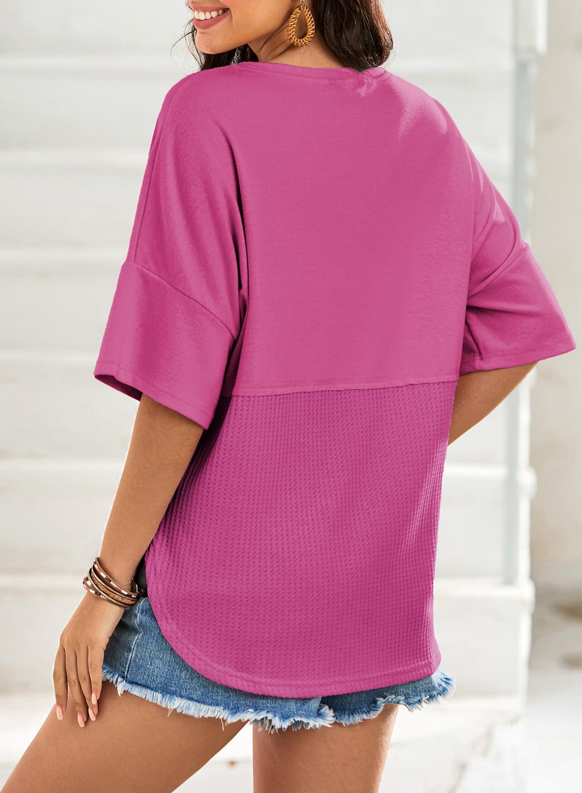 Foto 4 pulgar | Top Dokotoo De Punto Gofrado Para Mujer Con Manga Acampanada 3/4, Color Rosa Intenso - Venta Internacional.