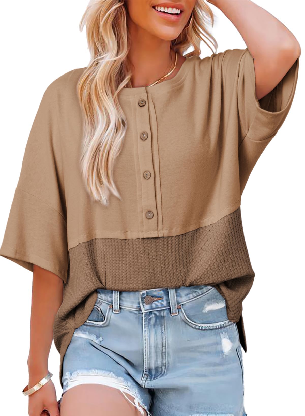 Camisa Dokotoo De Manga Corta, Punto Gofrado, Beige Claro, Para Mujer - Venta Internacional.